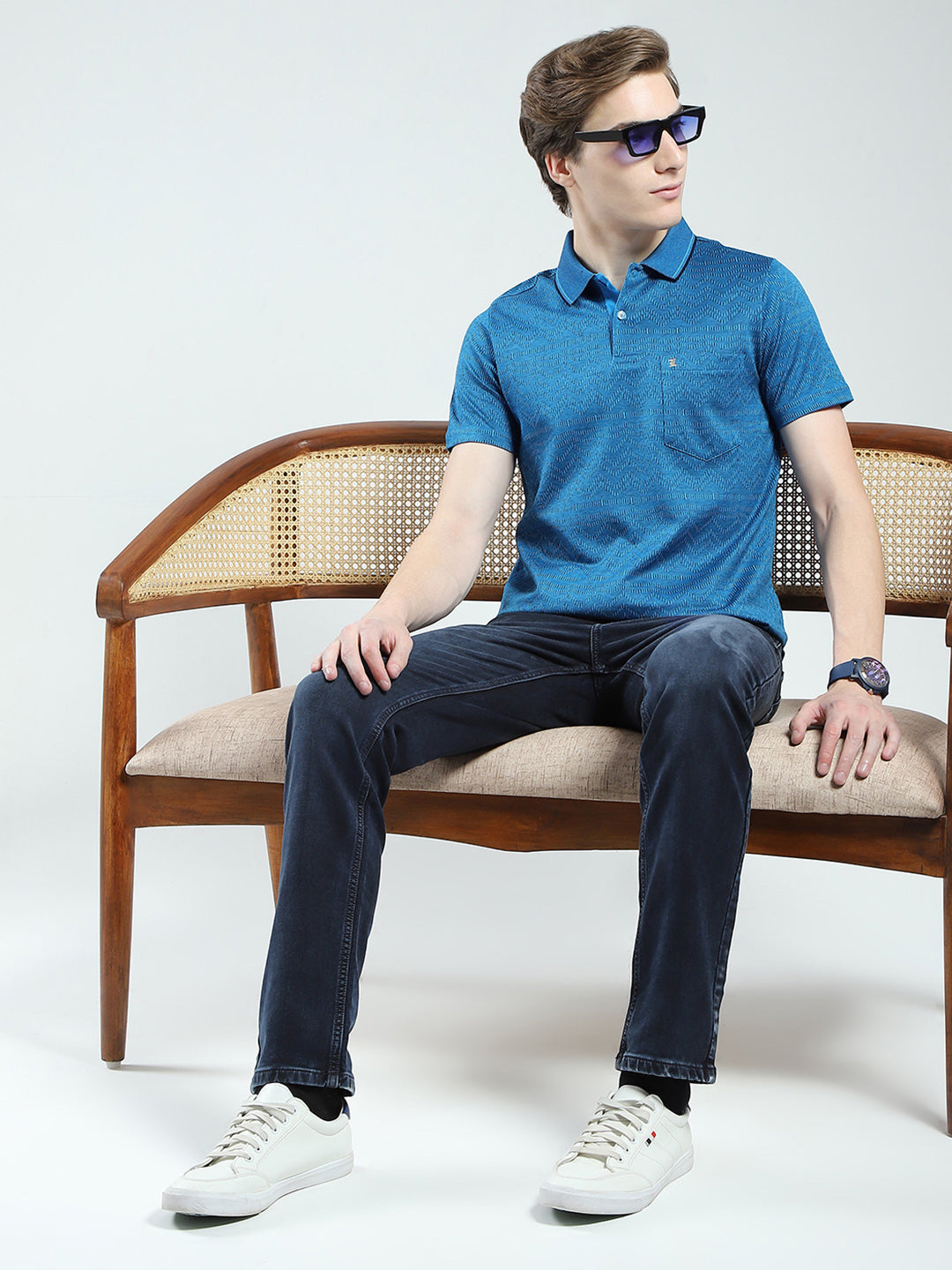 Luxuria Men Teal Blue Self Design Collar Half Sleeve T-Shirt