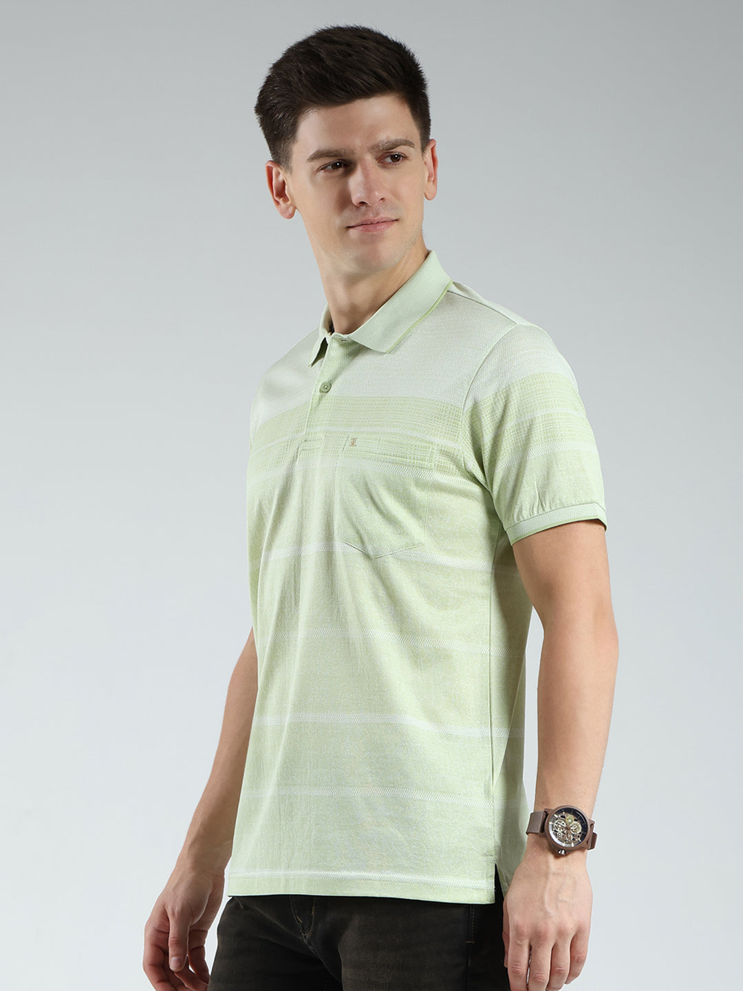 Luxuria Men Green Stripe Collar Half Sleeve T-Shirt