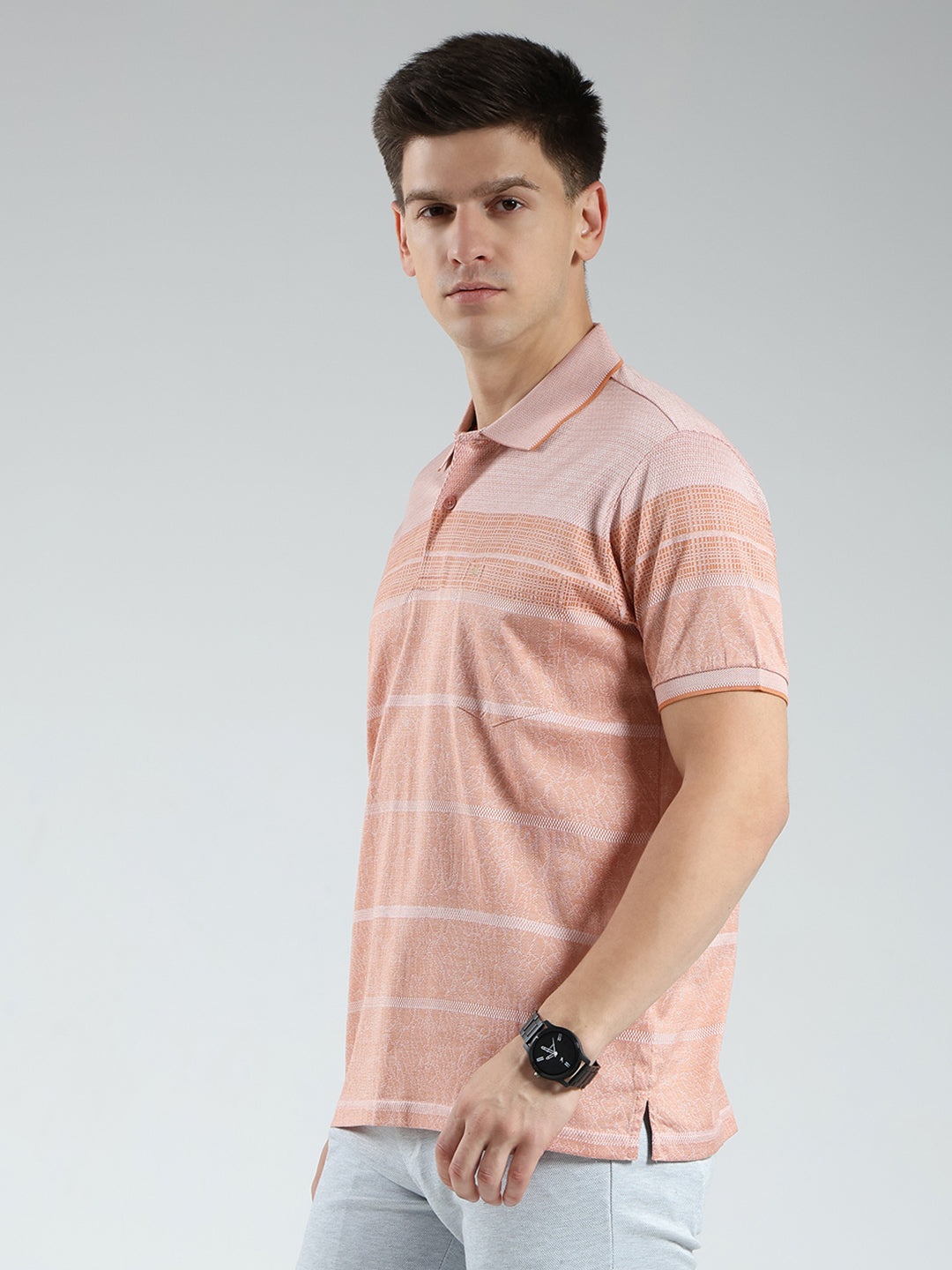 Luxuria Men Orange Stripe Collar Half Sleeve T-Shirt