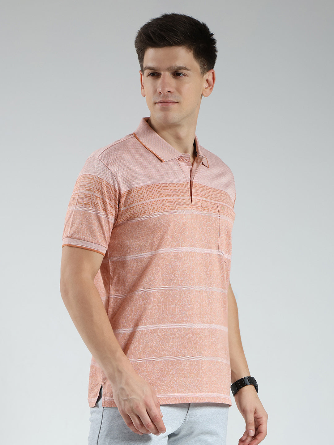 Luxuria Men Orange Stripe Collar Half Sleeve T-Shirt