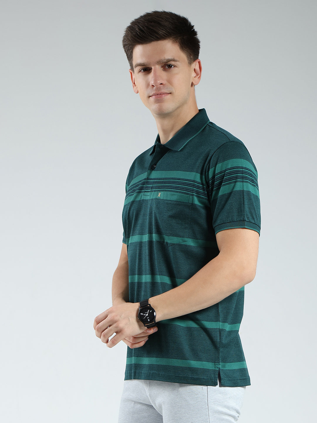 Luxuria Men Green Stripe Collar Half Sleeve T-Shirt