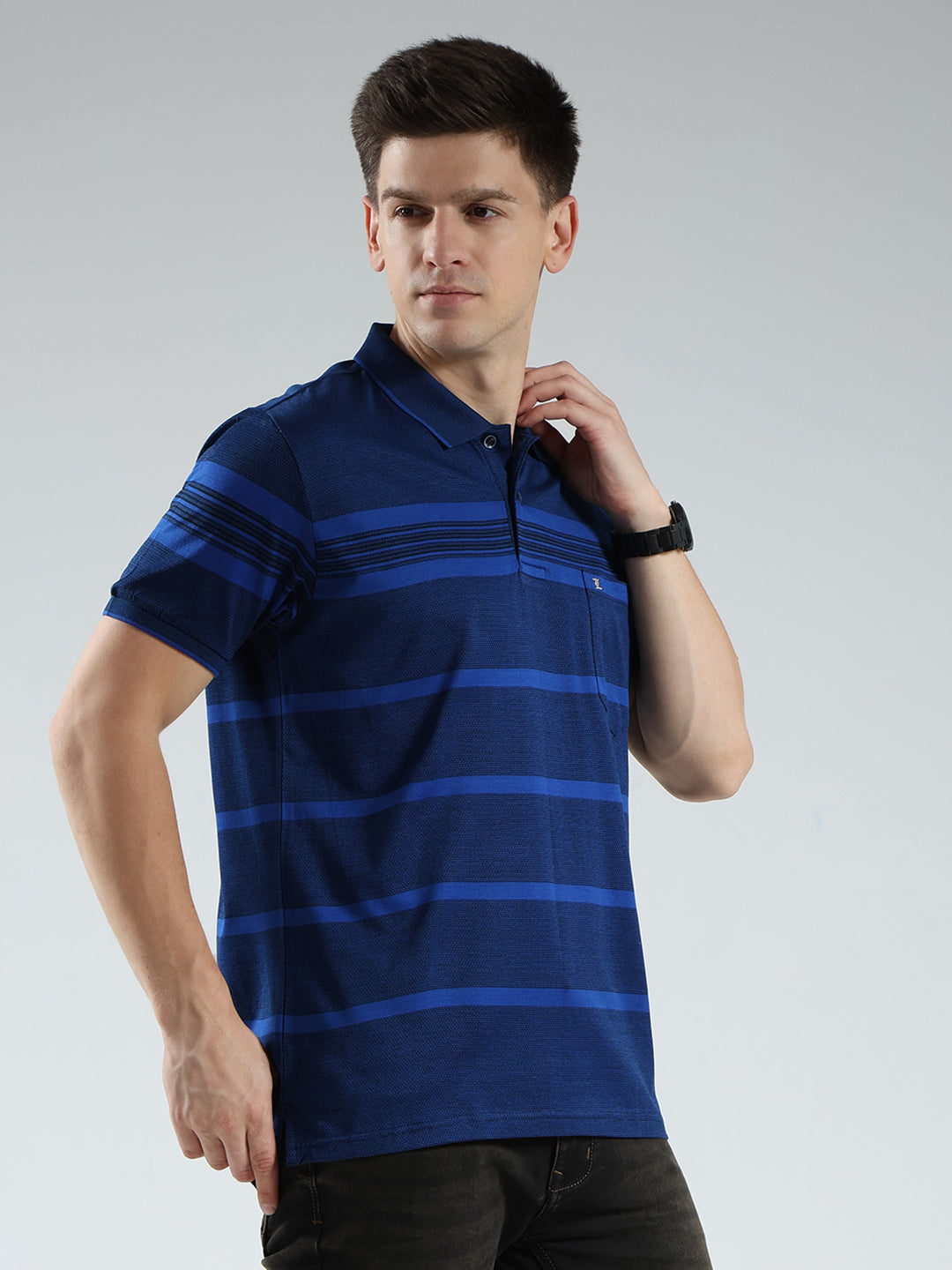 Luxuria Men Navy Blue Stripe Collar Half Sleeve T-Shirt