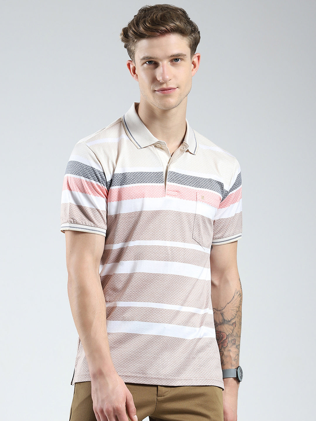 Luxuria Men Beige Stripe Collar Half Sleeve T-Shirt