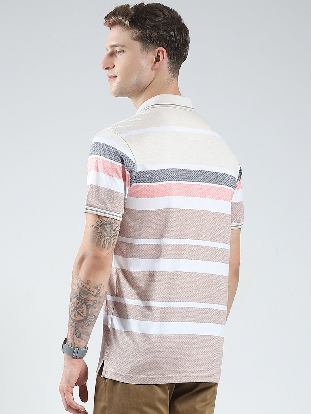 Luxuria Men Beige Stripe Collar Half Sleeve T-Shirt