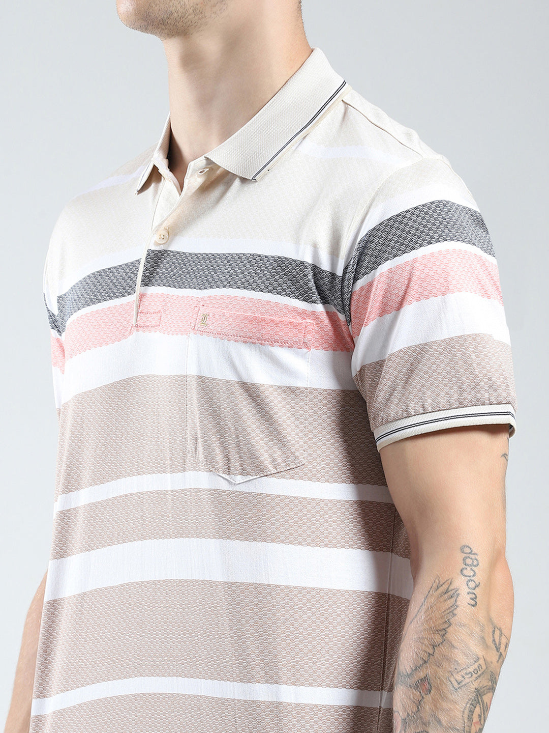 Luxuria Men Beige Stripe Collar Half Sleeve T-Shirt