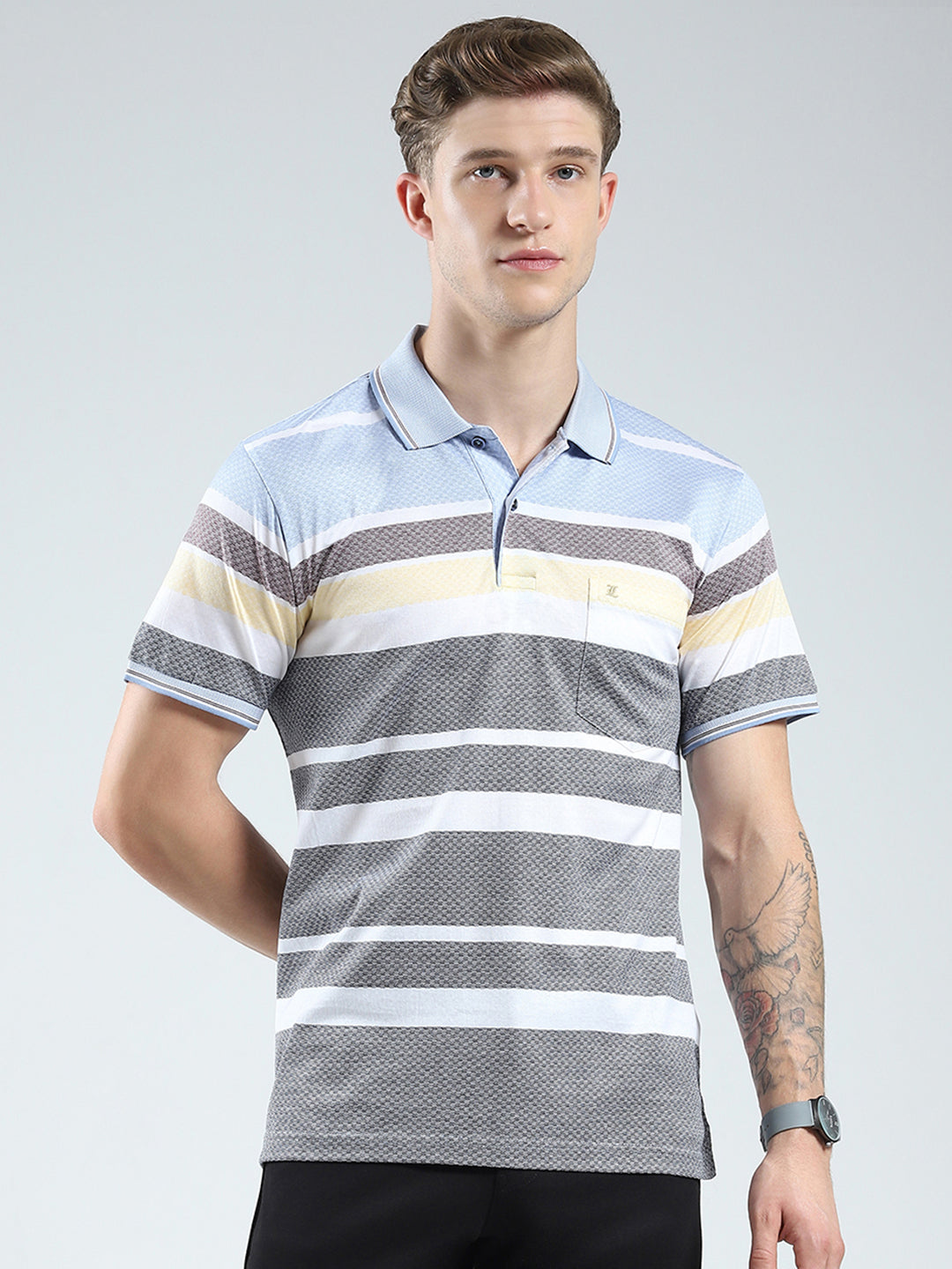 Luxuria Men Grey Stripe Collar Half Sleeve T-Shirt