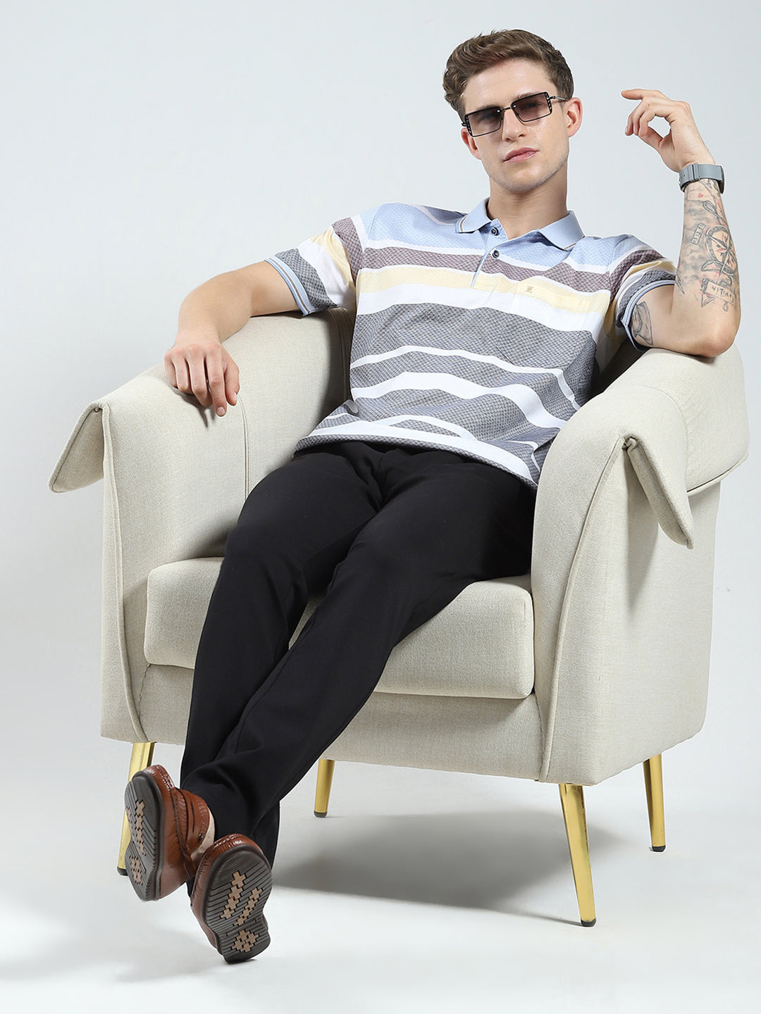 Luxuria Men Grey Stripe Collar Half Sleeve T-Shirt