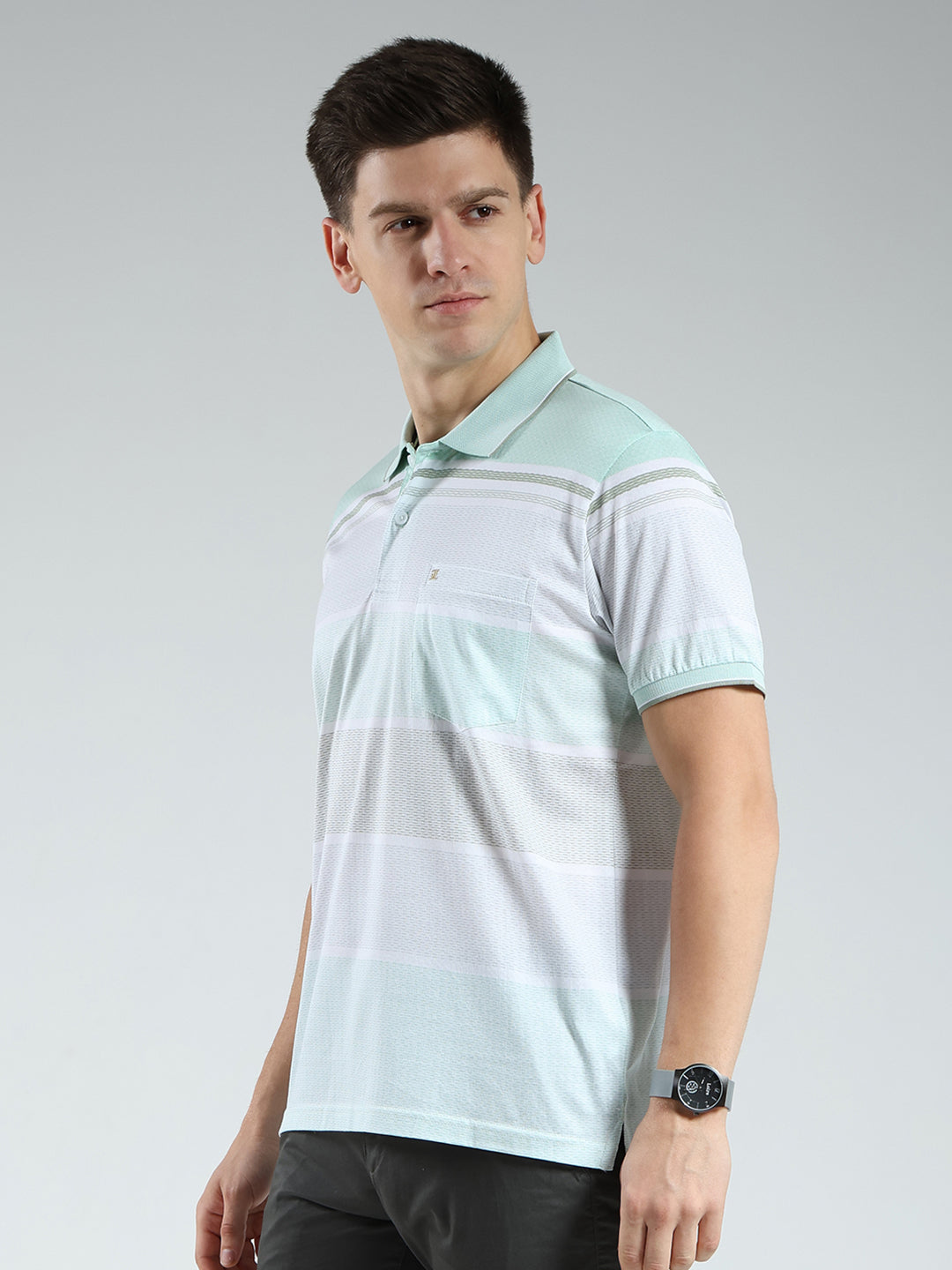 Luxuria Men Green Stripe Collar Half Sleeve T-Shirt