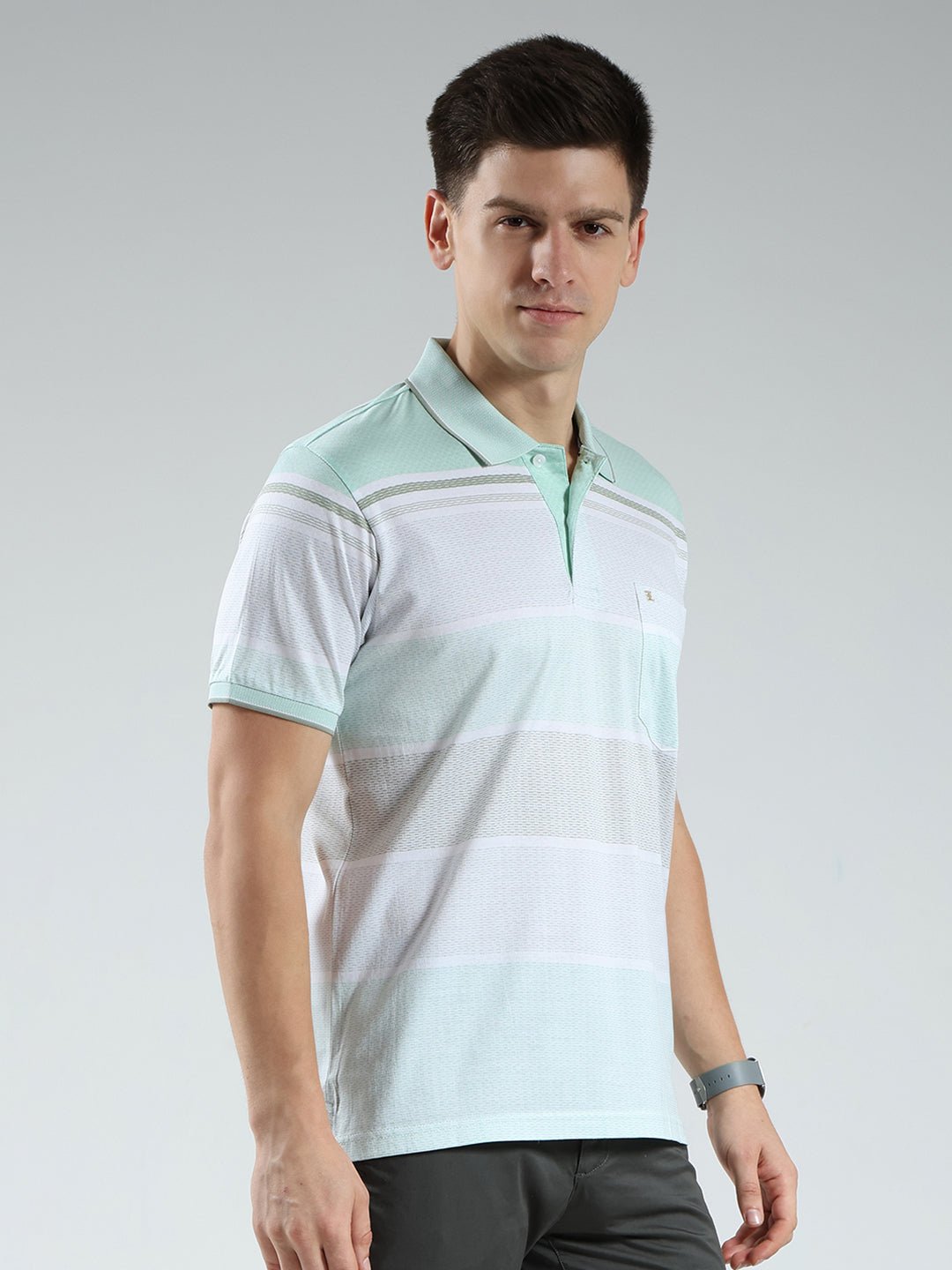 Luxuria Men Green Stripe Collar Half Sleeve T-Shirt