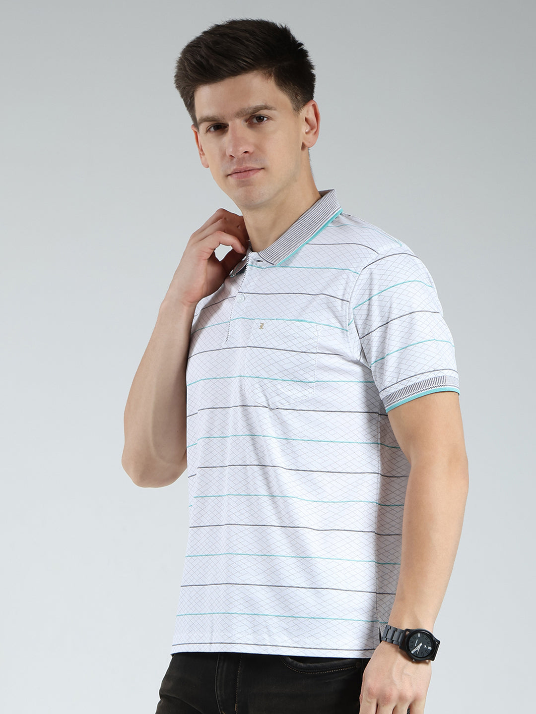 Luxuria Men White Stripe Collar Half Sleeve T-Shirt