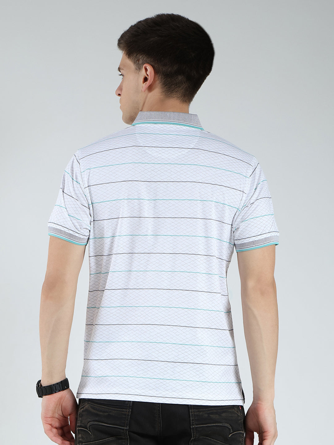 Luxuria Men White Stripe Collar Half Sleeve T-Shirt