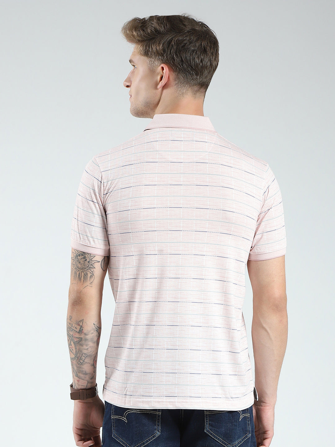 Men Pink Stripe Collar Half Sleeve T-Shirt