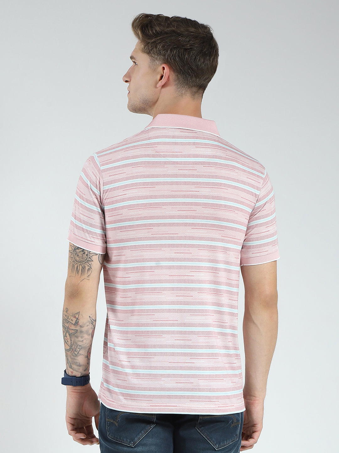Men Peach Stripe Collar Half Sleeve T-Shirt