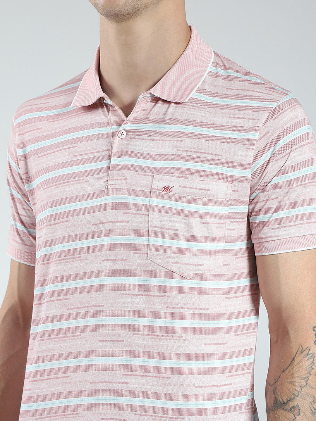 Men Peach Stripe Collar Half Sleeve T-Shirt