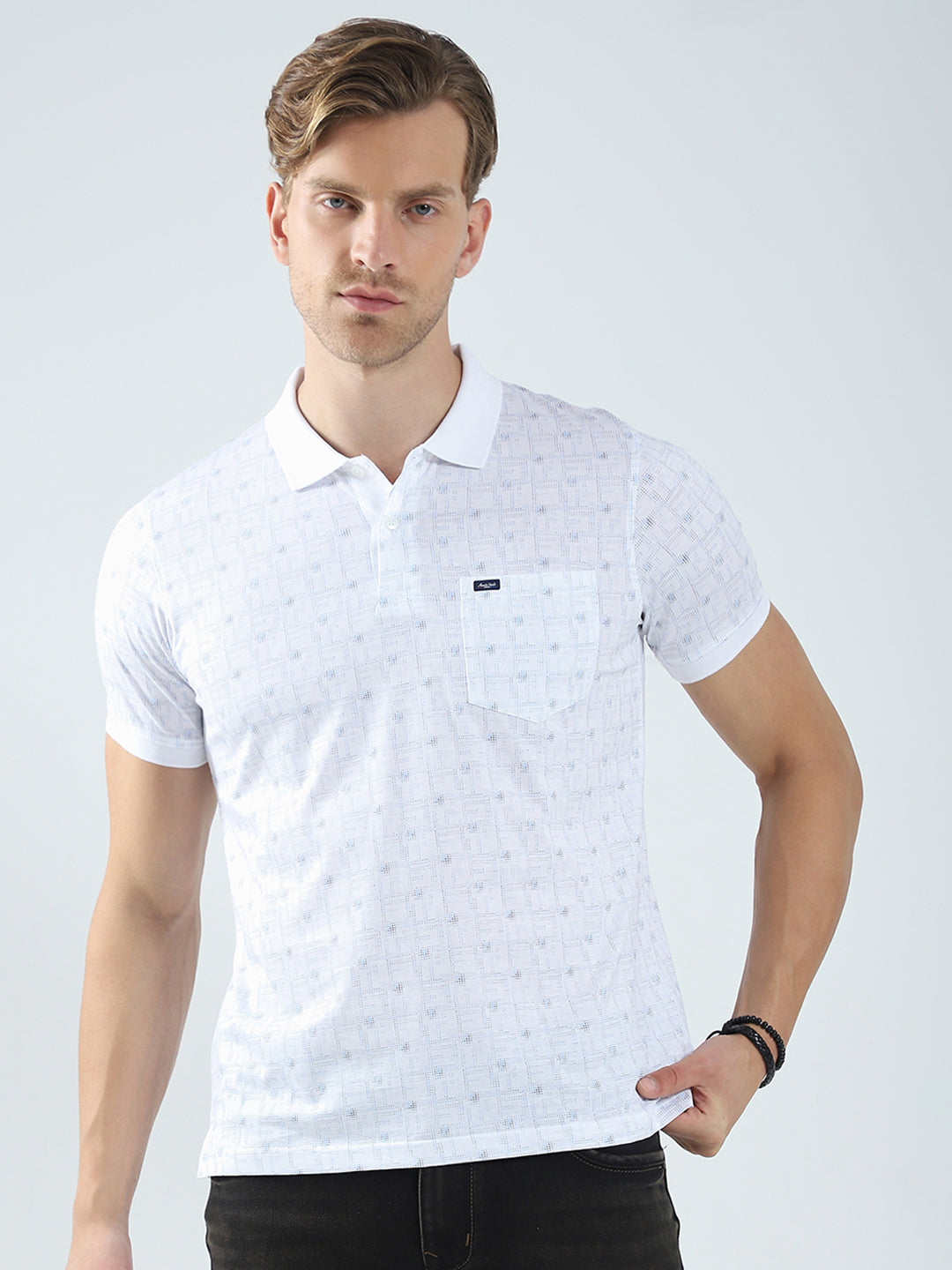 Men White Printed Collar Half Sleeve T-Shirt