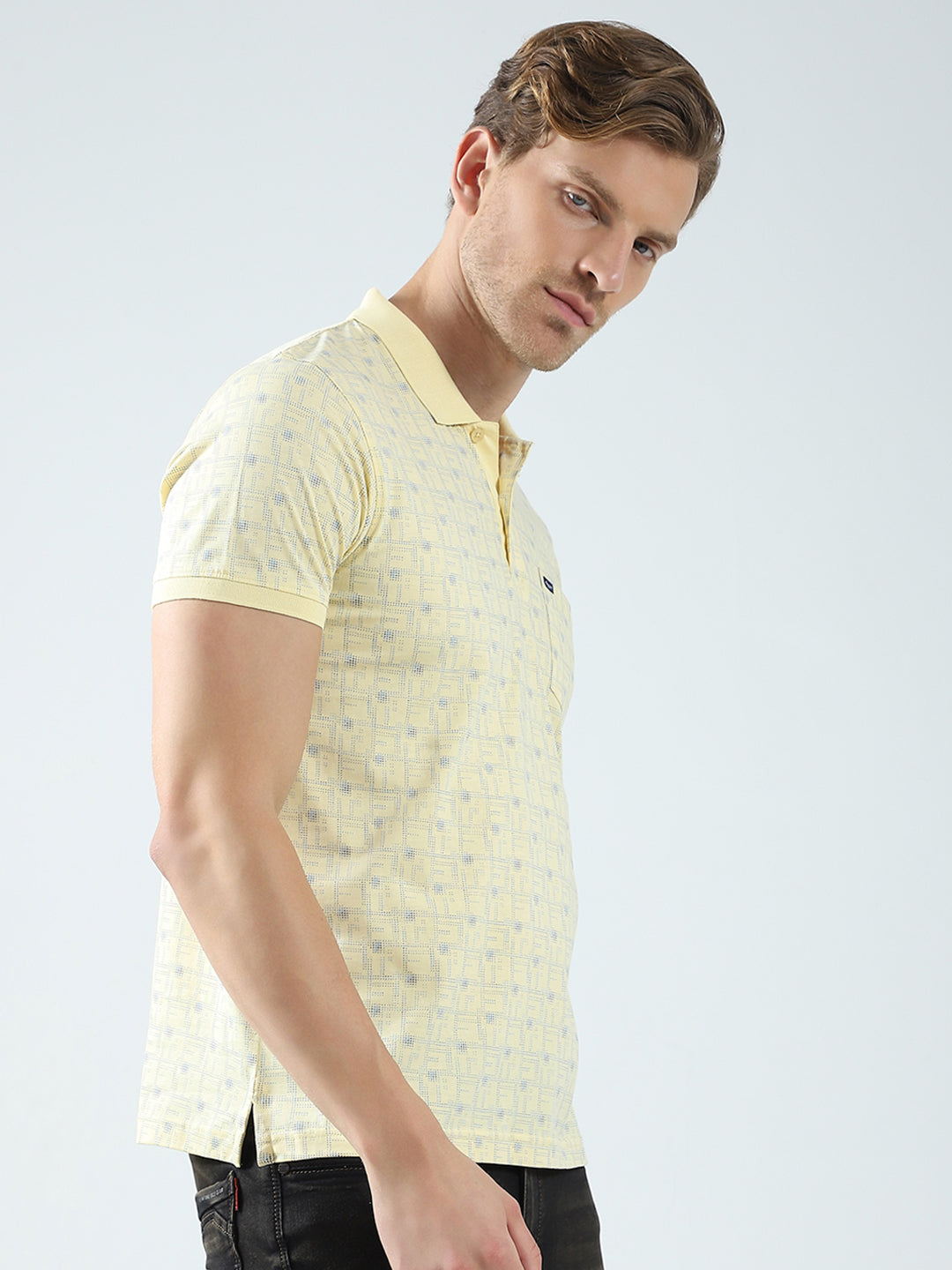 Men Yellow Printed Collar Half Sleeve T-Shirt