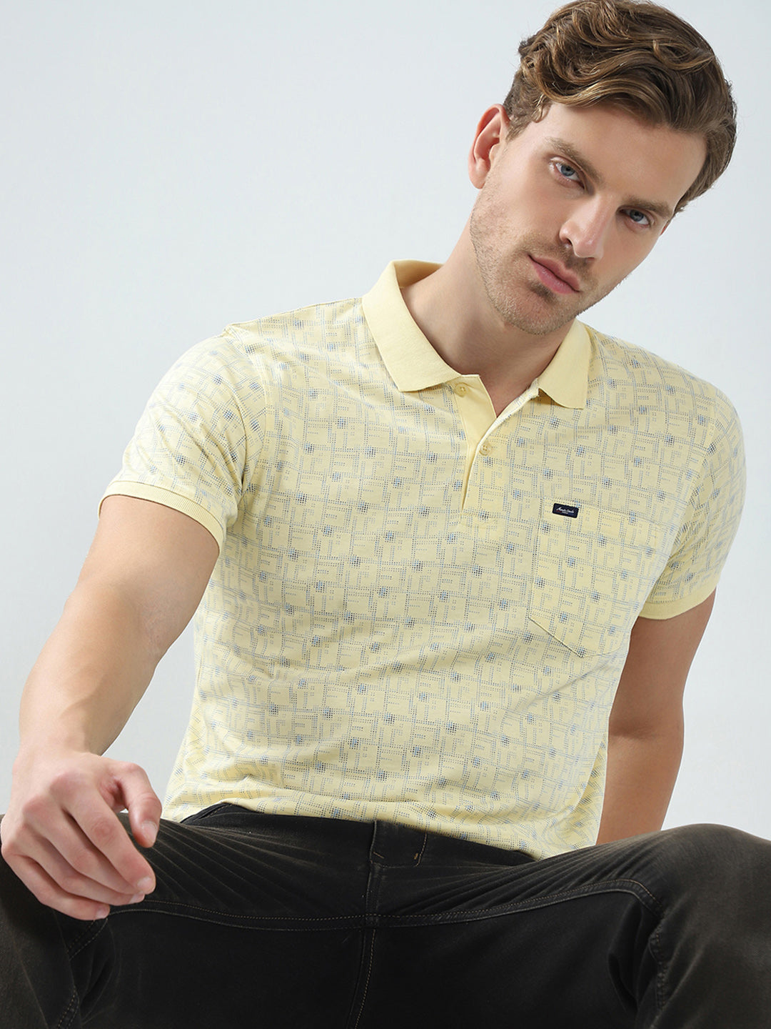 Men Yellow Printed Collar Half Sleeve T-Shirt