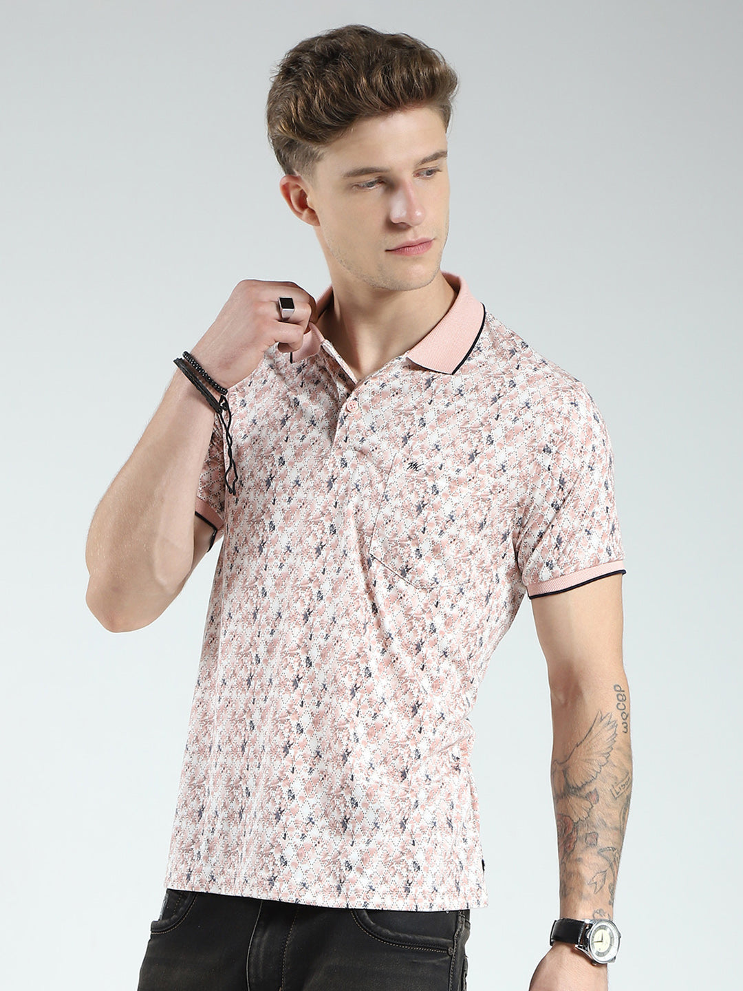 Men Pink Printed Collar Half Sleeve T-Shirt