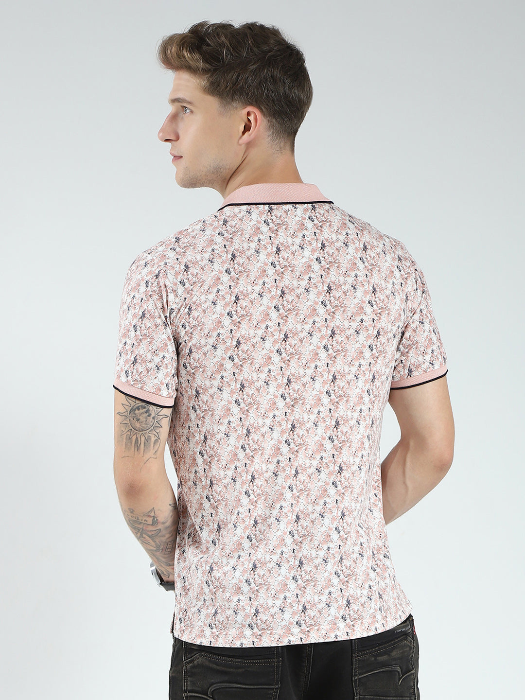 Men Pink Printed Collar Half Sleeve T-Shirt