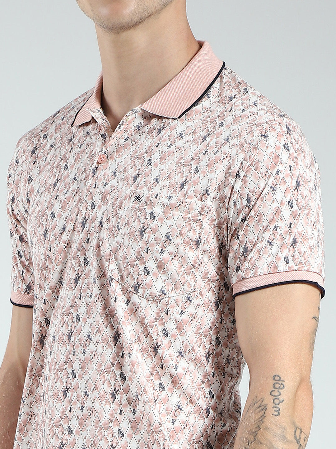 Men Pink Printed Collar Half Sleeve T-Shirt