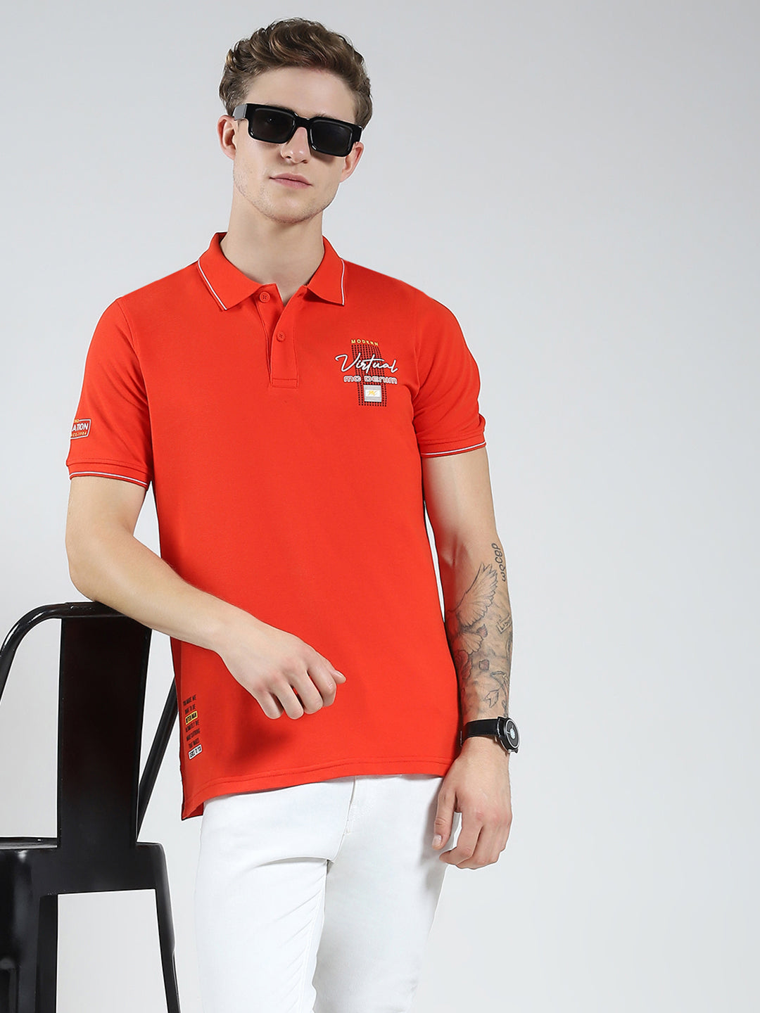 Men Orange Printed Collar Half Sleeve T-Shirt
