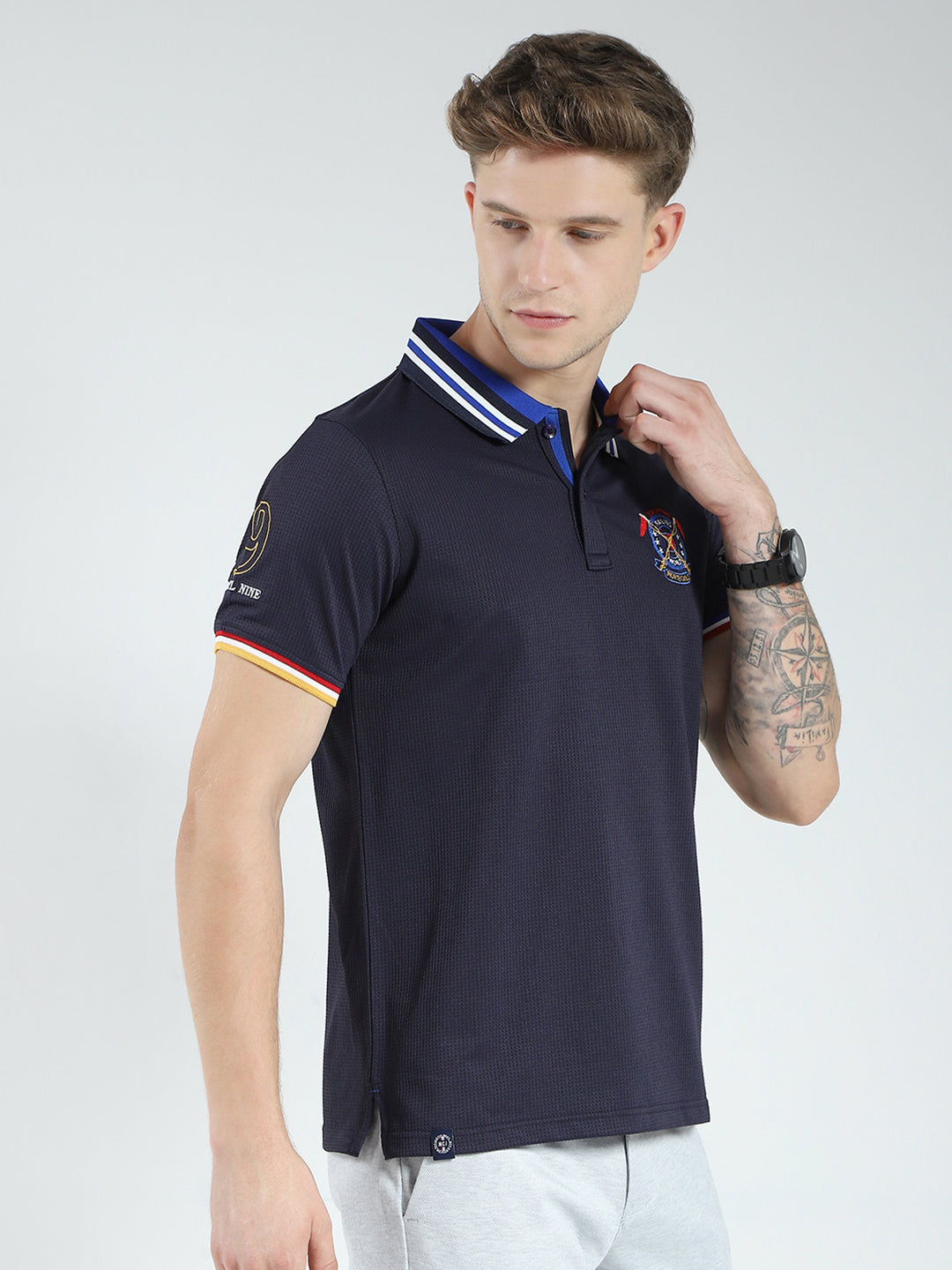 Men Navy Blue Solid Collar Half Sleeve T-Shirt