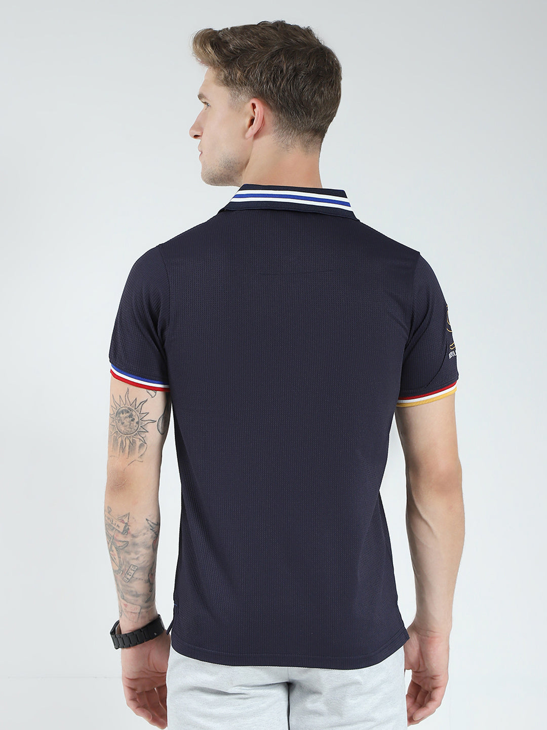 Men Navy Blue Solid Collar Half Sleeve T-Shirt