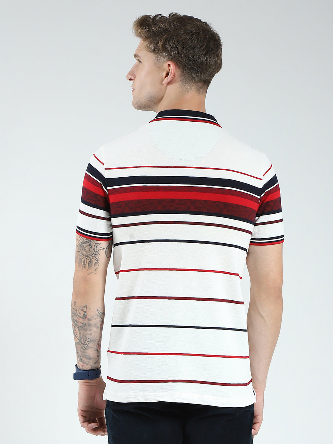 Men White & Red Stripe Collar Half Sleeve T-Shirt
