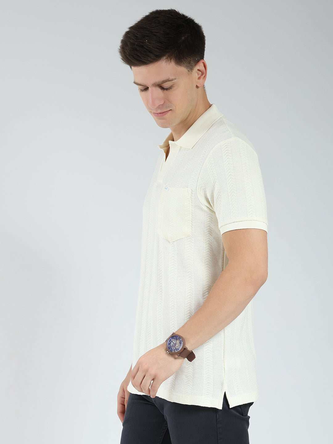 Men Off White Self Design Collar Half Sleeve T-Shirt