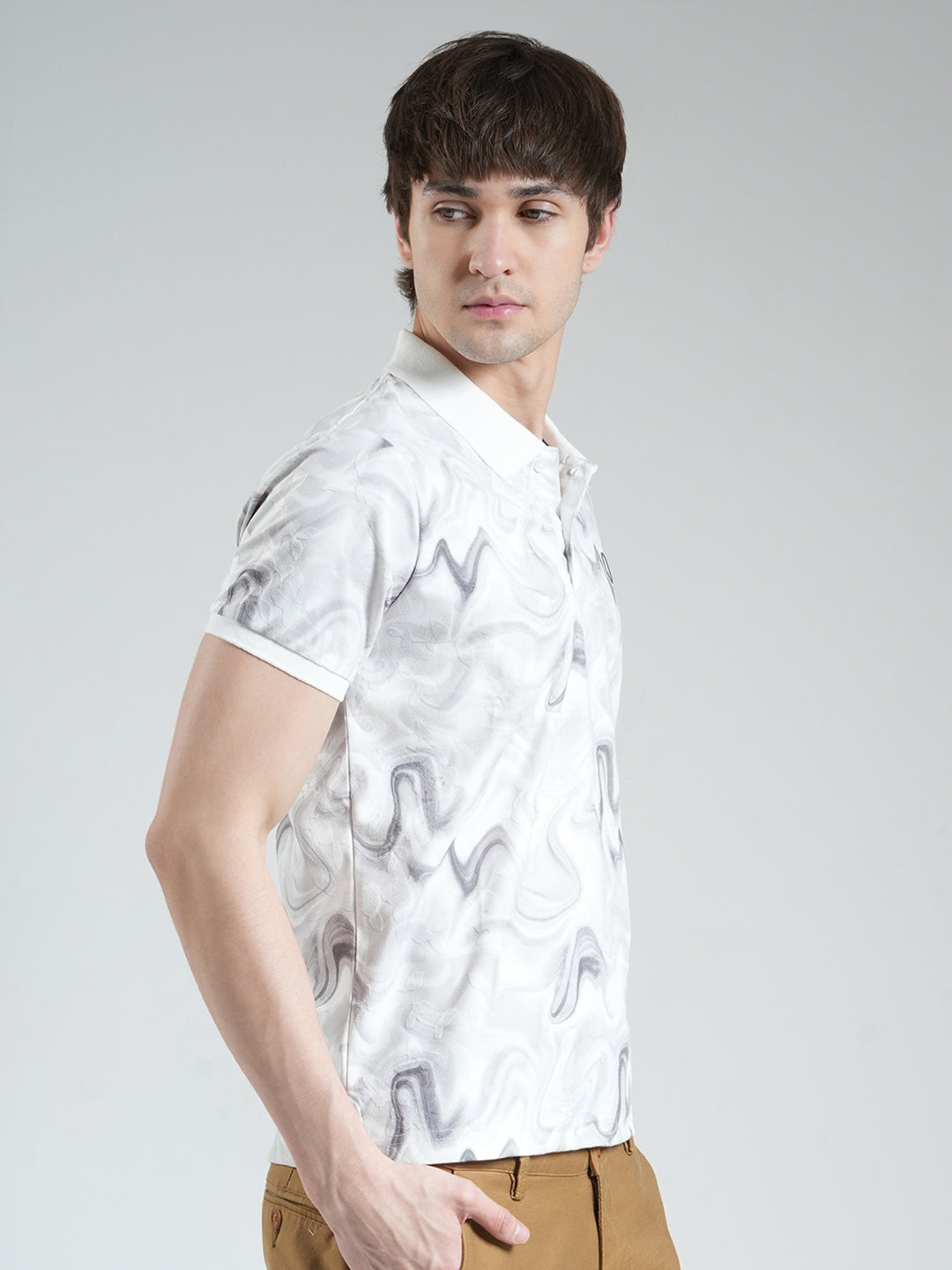 Men Grey Printed Collar Half Sleeve T-Shirt