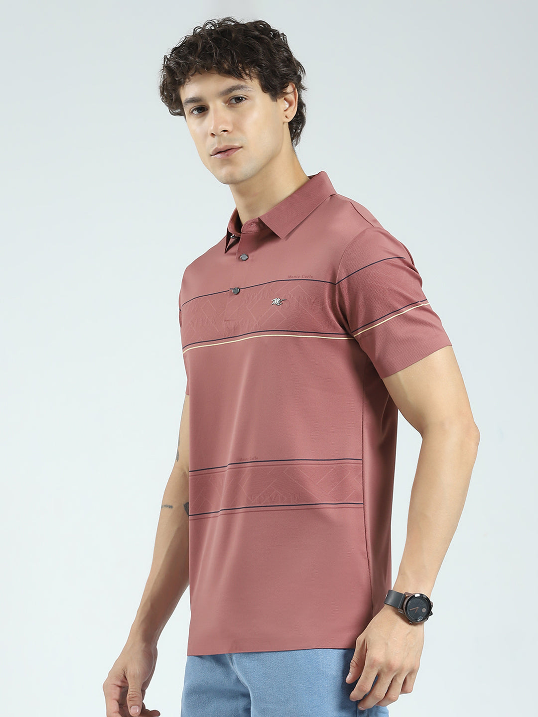Men Pink Stripe Collar Half Sleeve T-Shirt
