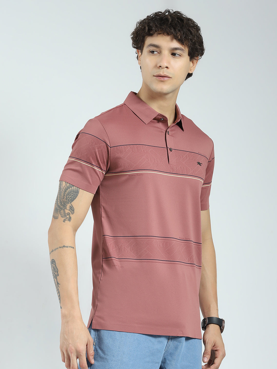 Men Pink Stripe Collar Half Sleeve T-Shirt