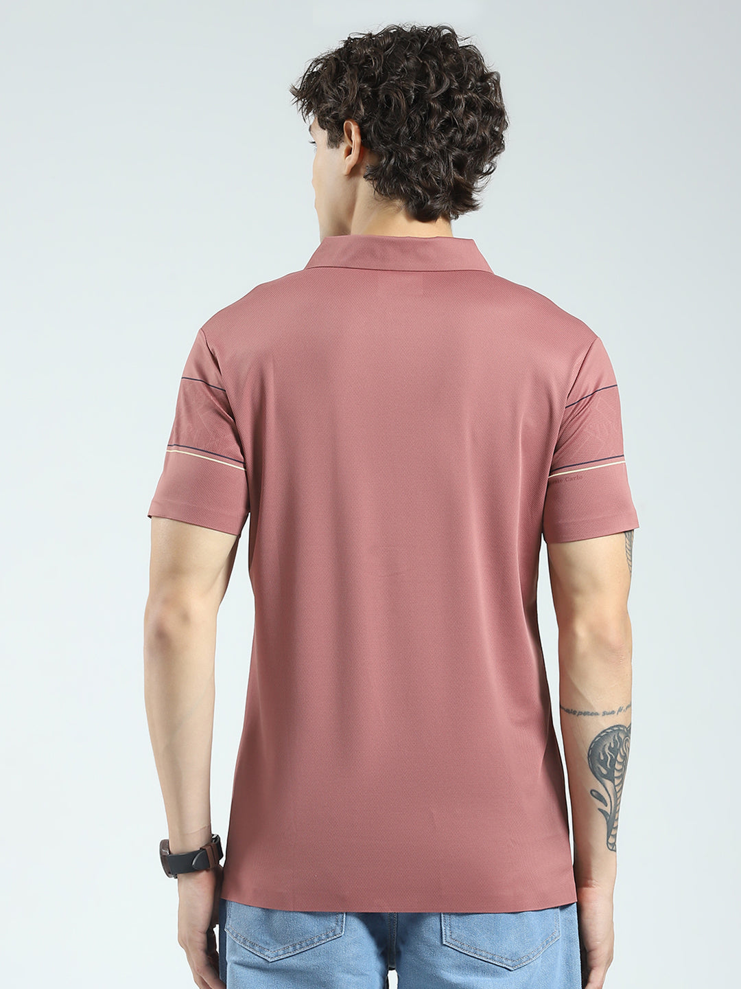 Men Pink Stripe Collar Half Sleeve T-Shirt