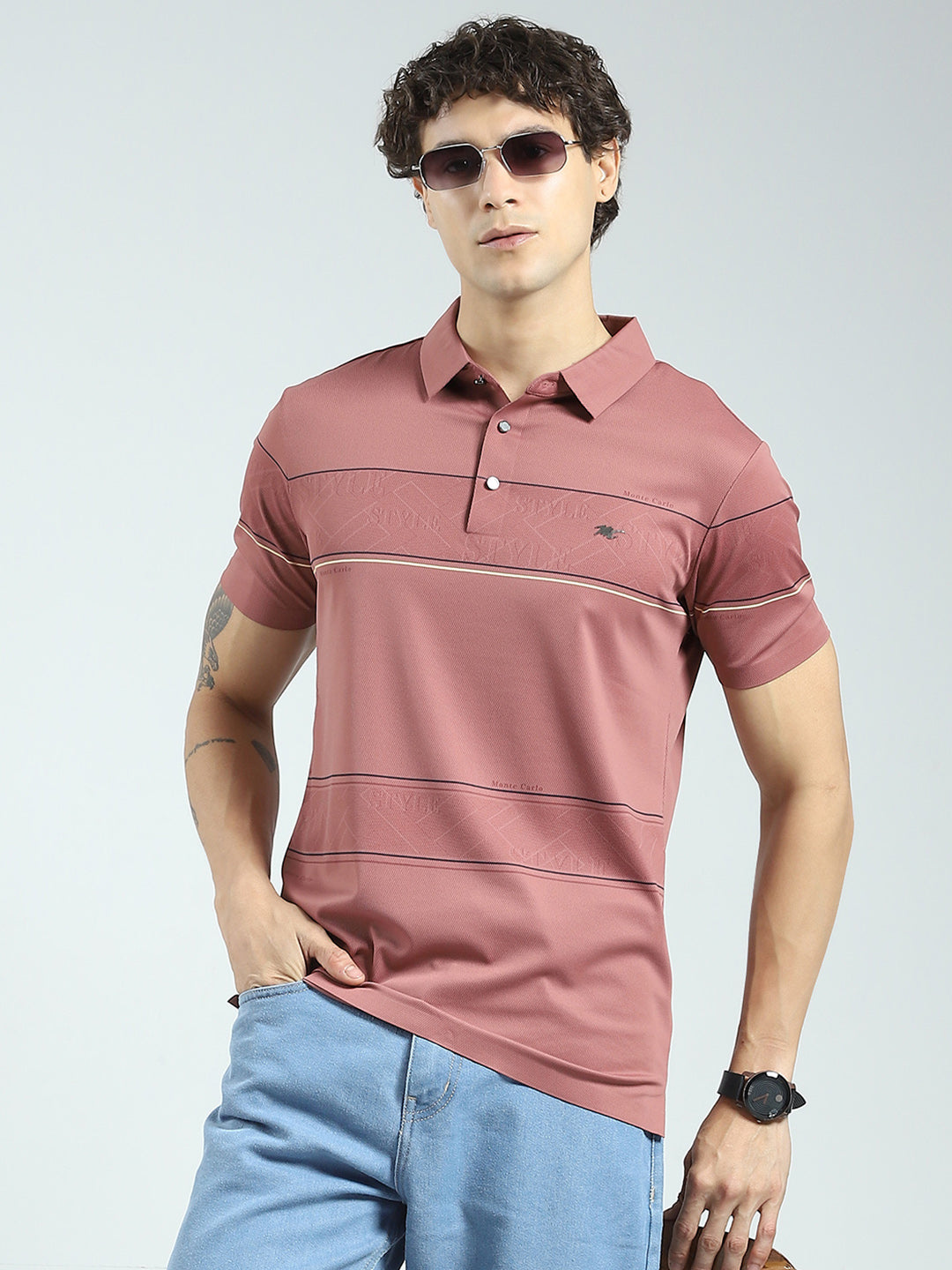 Men Pink Stripe Collar Half Sleeve T-Shirt