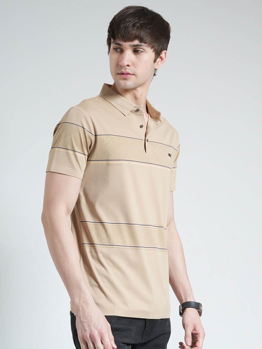 Men Beige Stripe Collar Half Sleeve T-Shirt