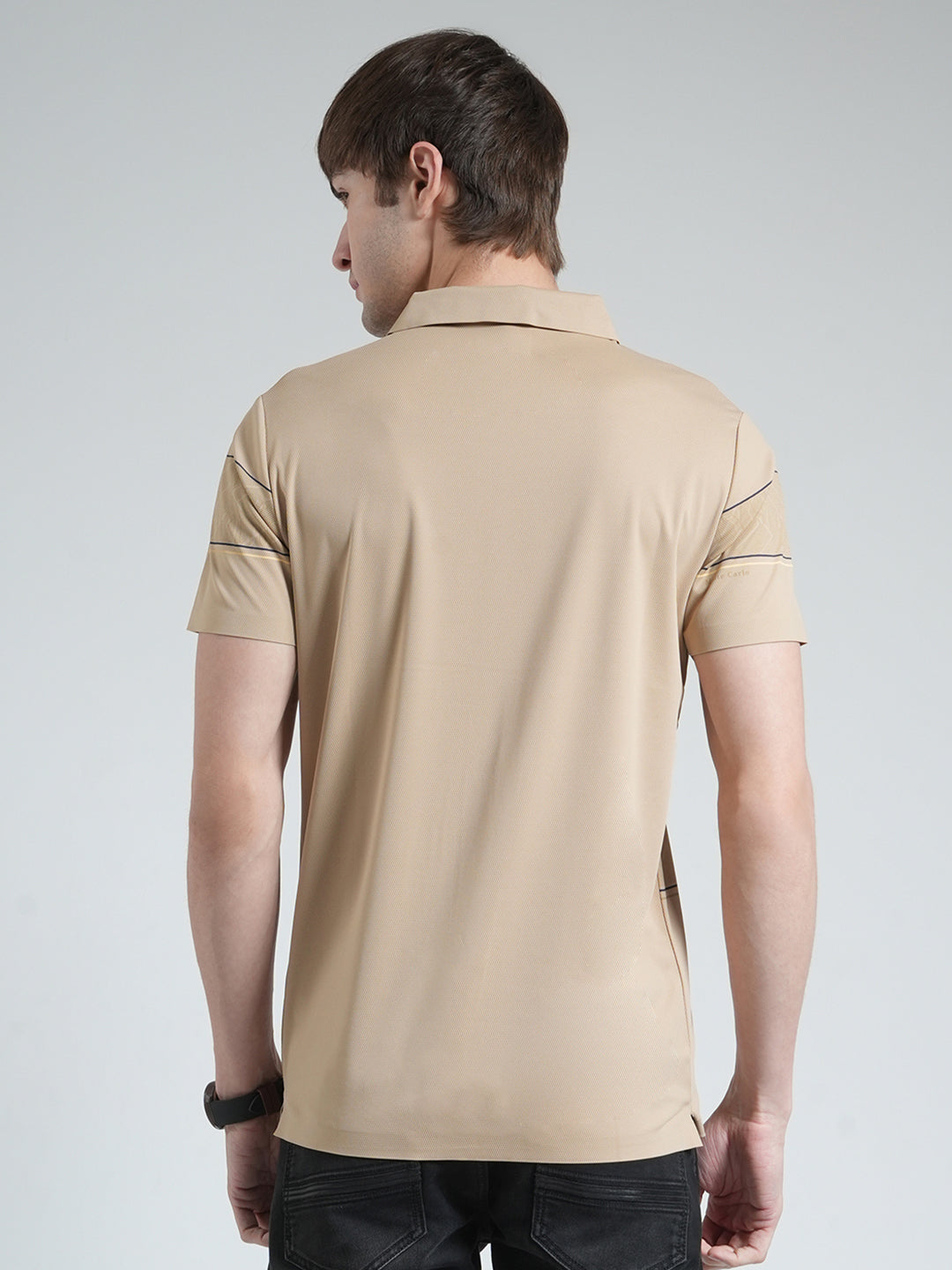 Men Beige Stripe Collar Half Sleeve T-Shirt