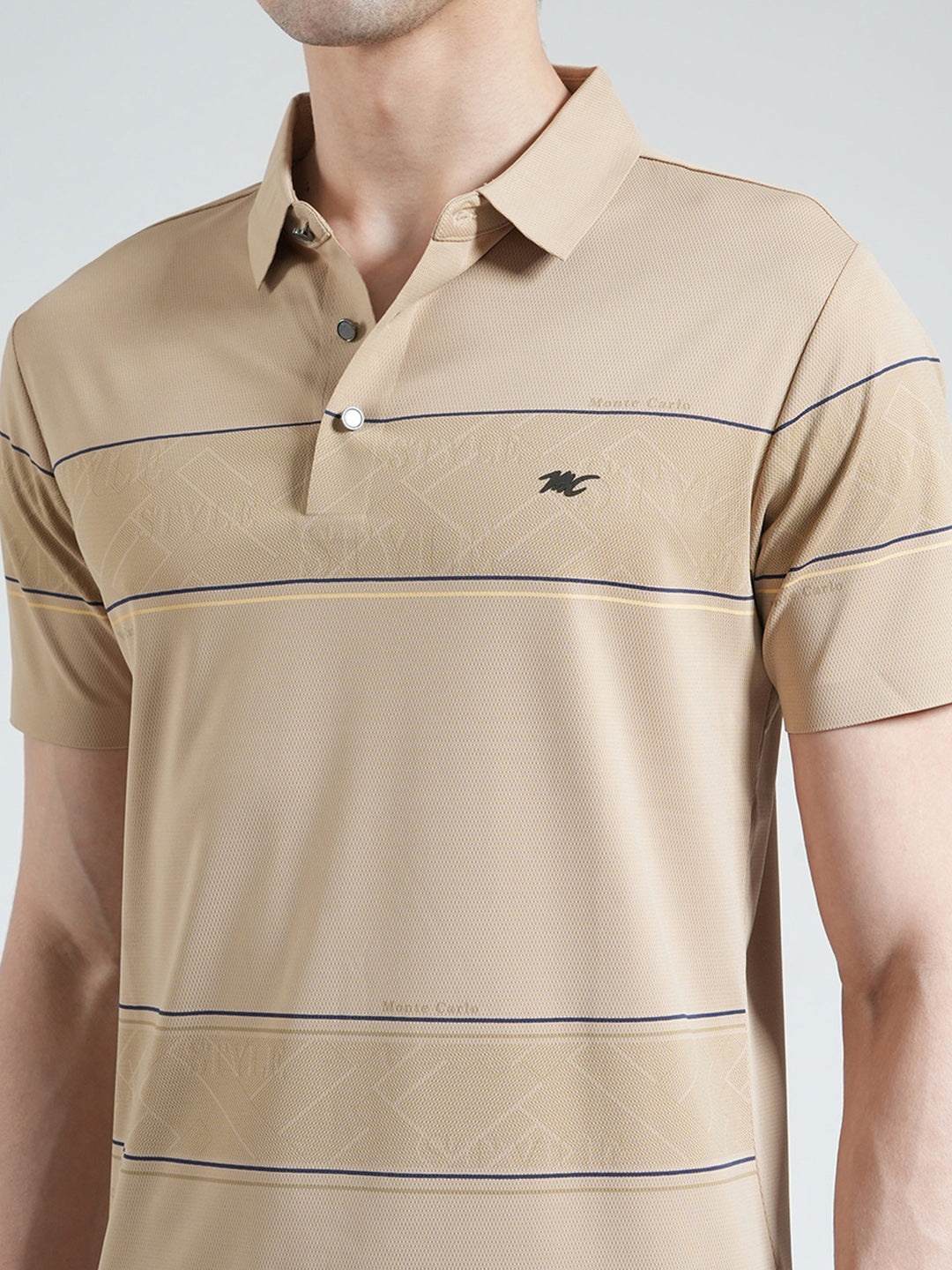 Men Beige Stripe Collar Half Sleeve T-Shirt