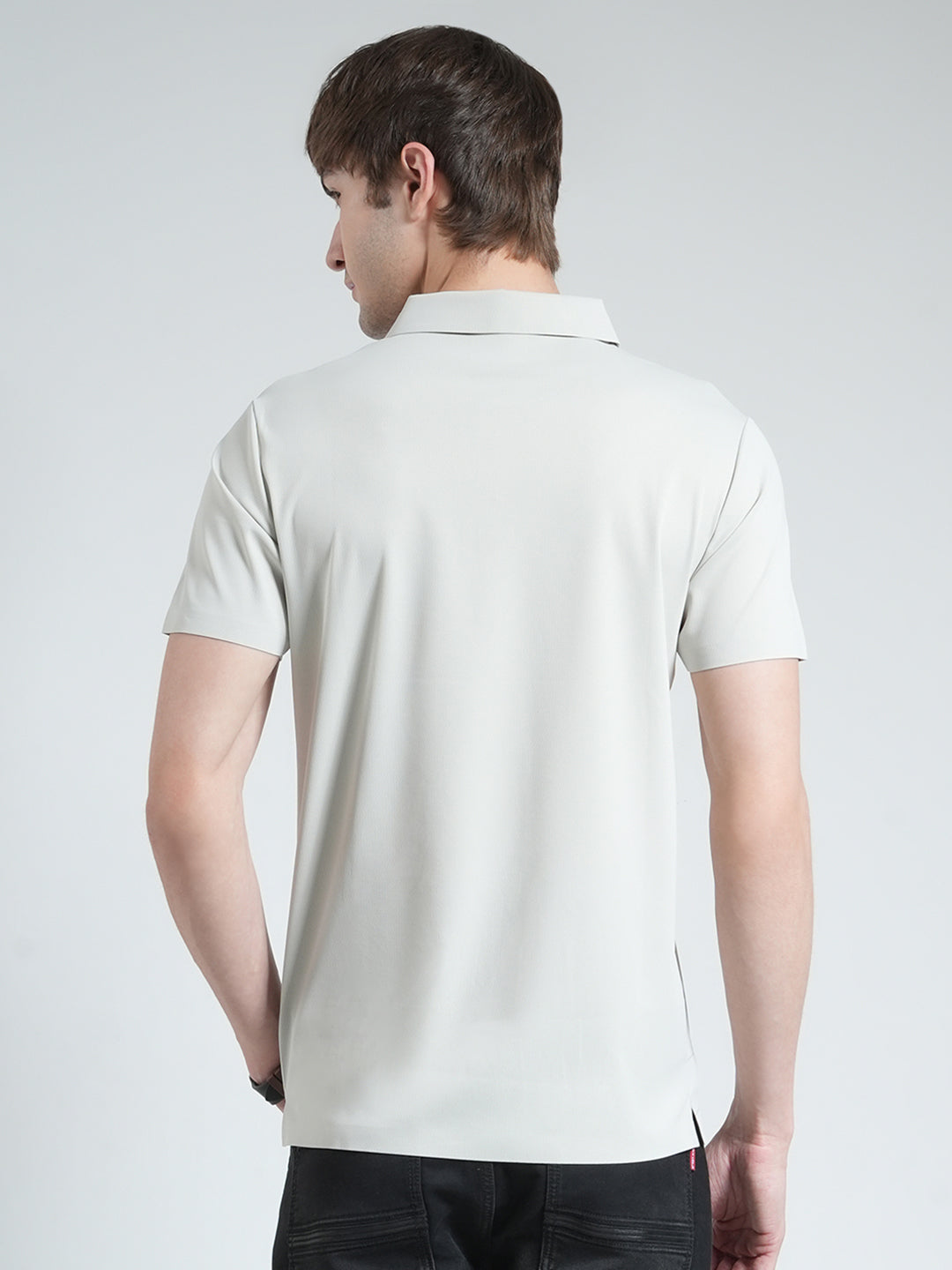 Men Grey Stripe Collar Half Sleeve T-Shirt