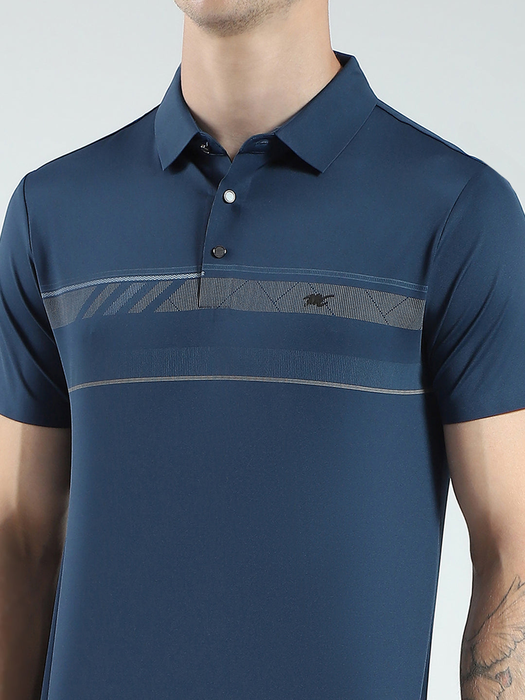 Men Blue Printed Collar Half Sleeve T-Shirt