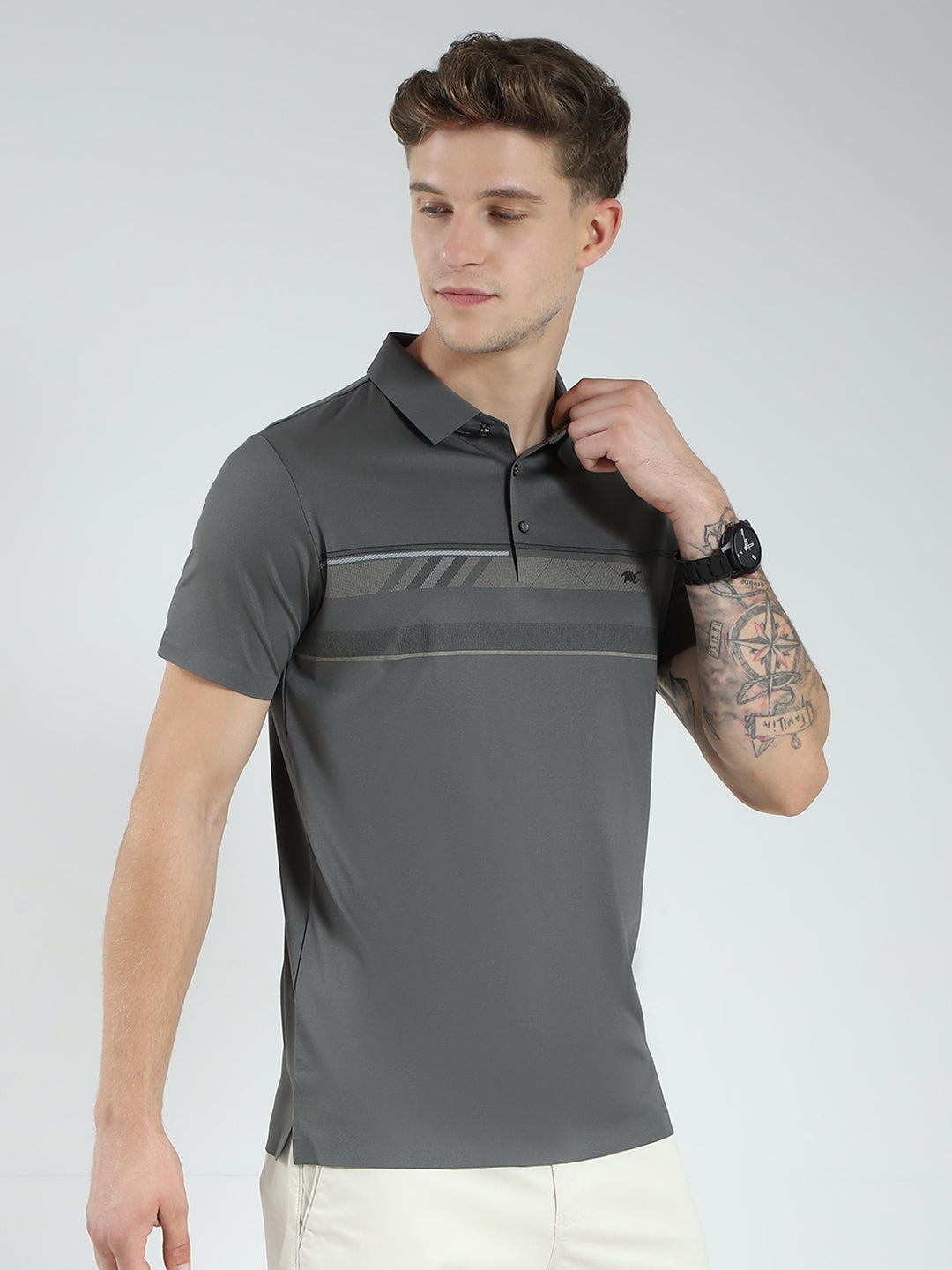 Men Charcoal Printed Collar Half Sleeve T-Shirt