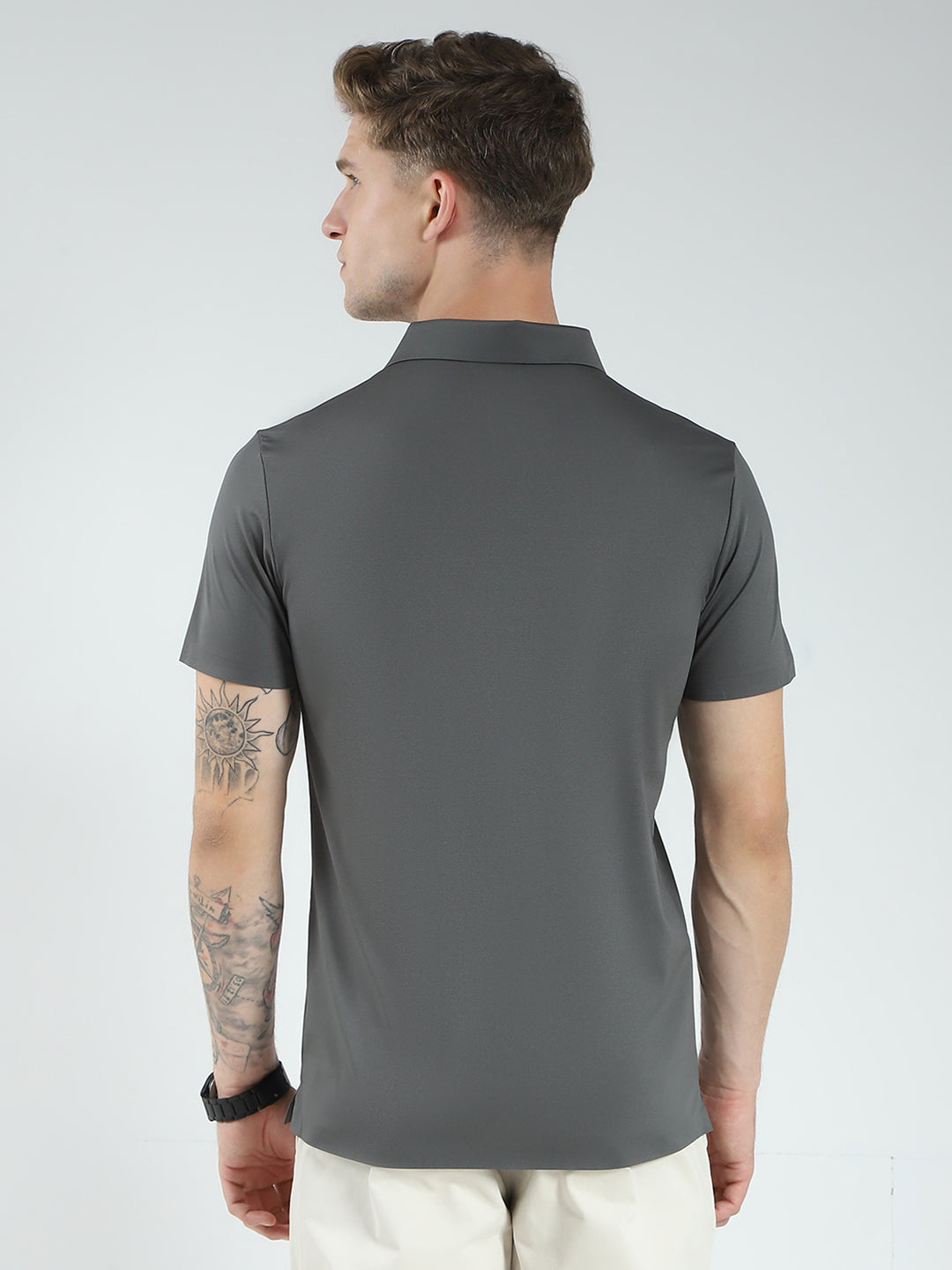 Men Charcoal Printed Collar Half Sleeve T-Shirt