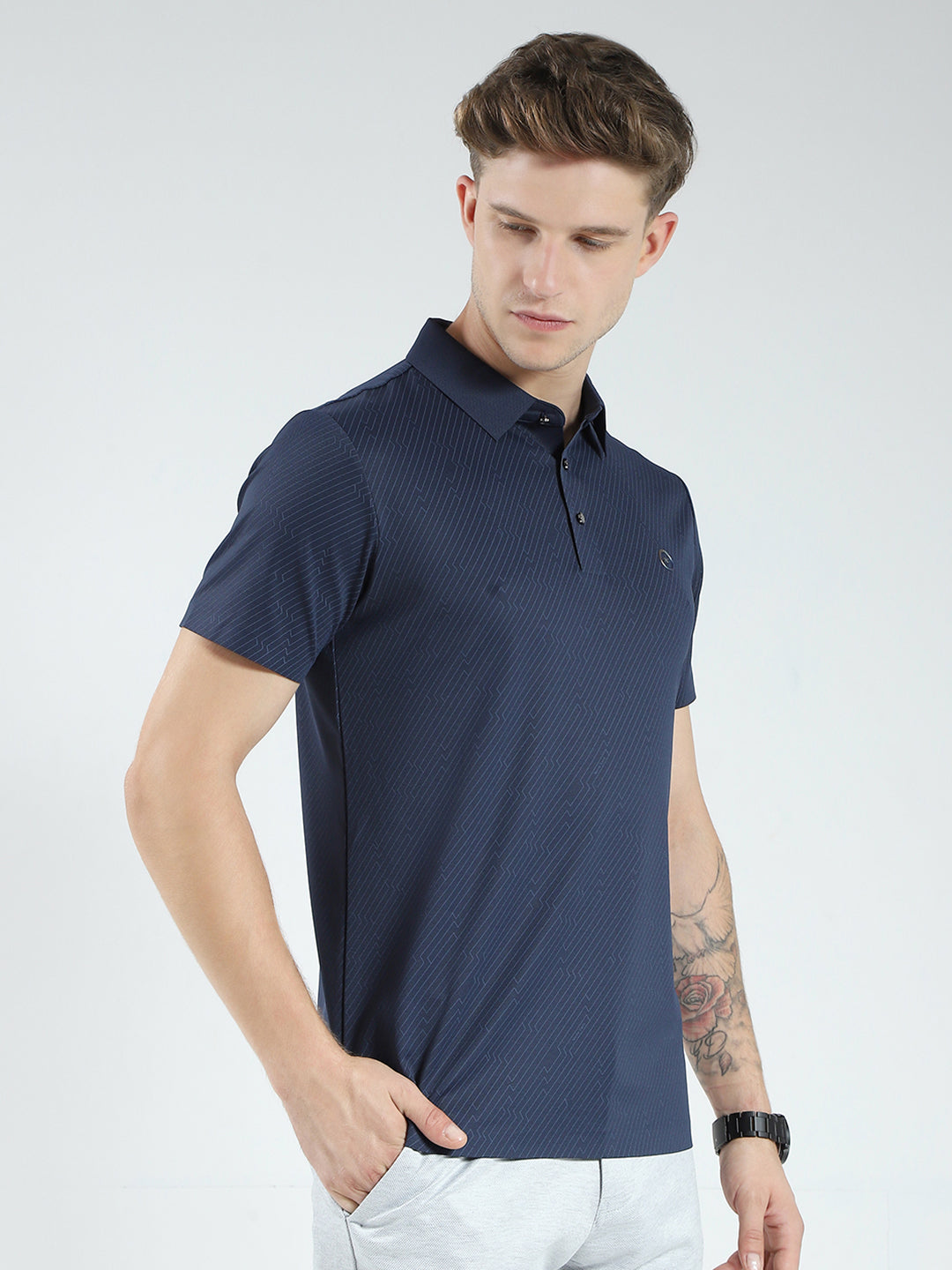 Men Navy Blue Solid Collar Half Sleeve T-Shirt