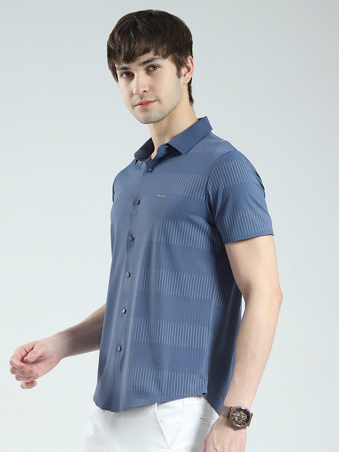 Men Blue Printed Collar Half Sleeve Shirt