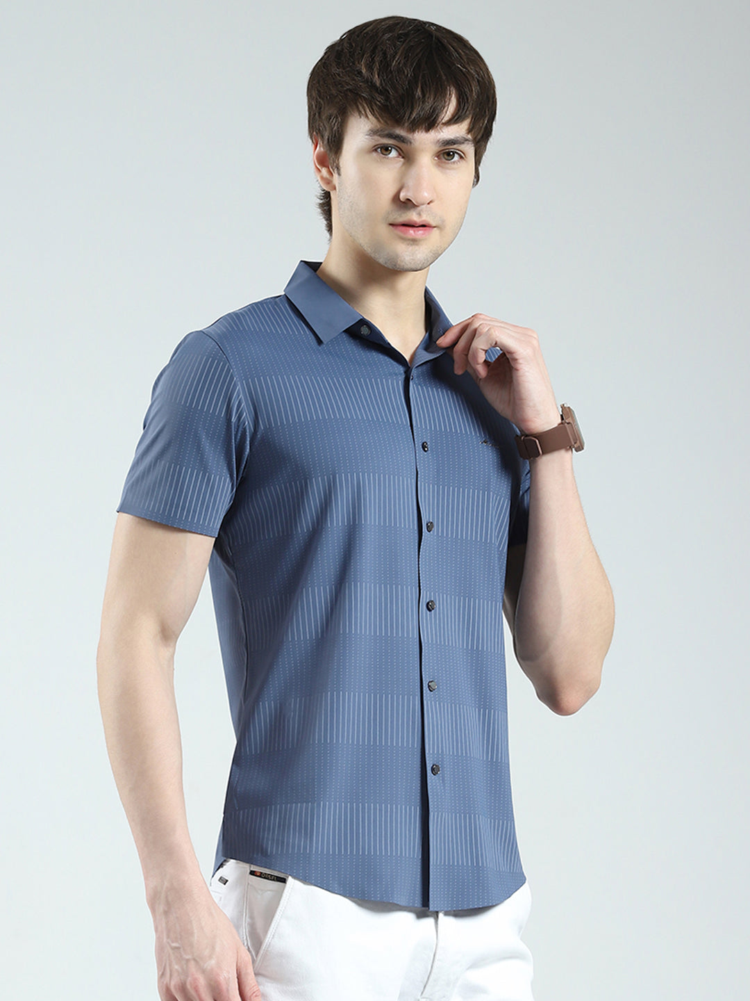 Men Blue Printed Collar Half Sleeve Shirt