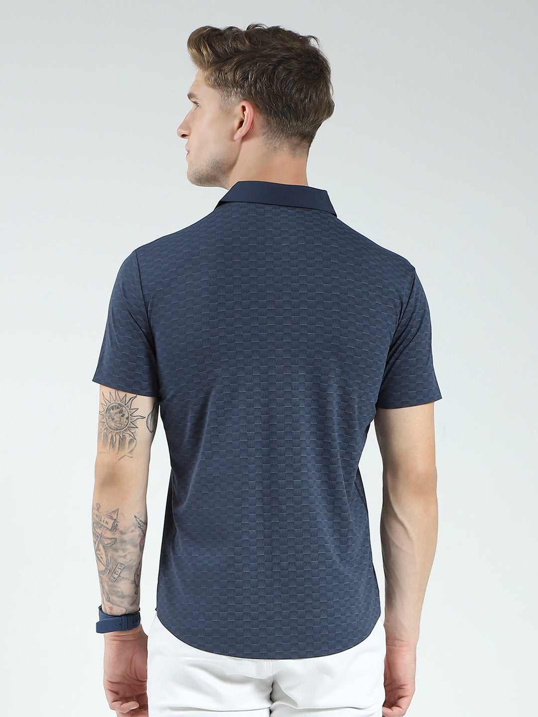 Men Navy Blue Printed Collar Half Sleeve Shirt