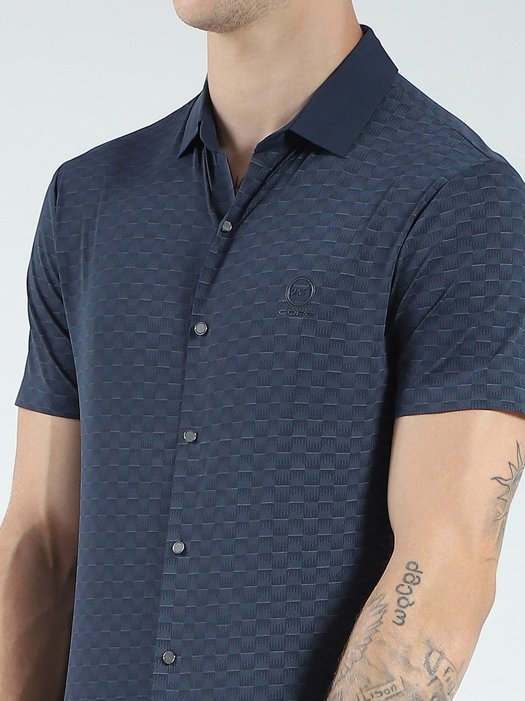 Men Navy Blue Printed Collar Half Sleeve Shirt