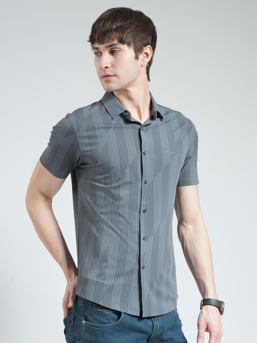 Men Charcoal Printed Collar Half Sleeve Shirt