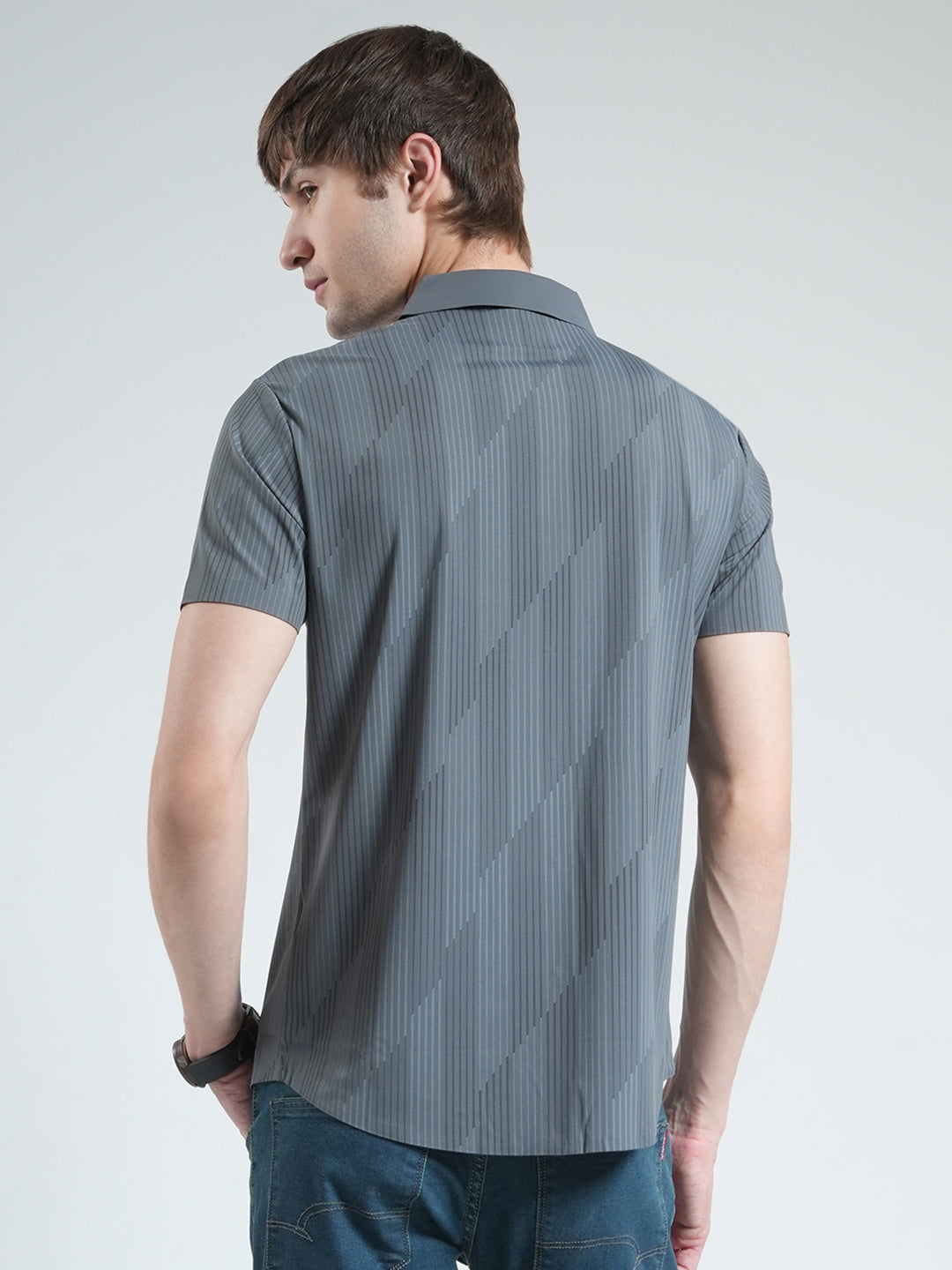 Men Charcoal Printed Collar Half Sleeve Shirt