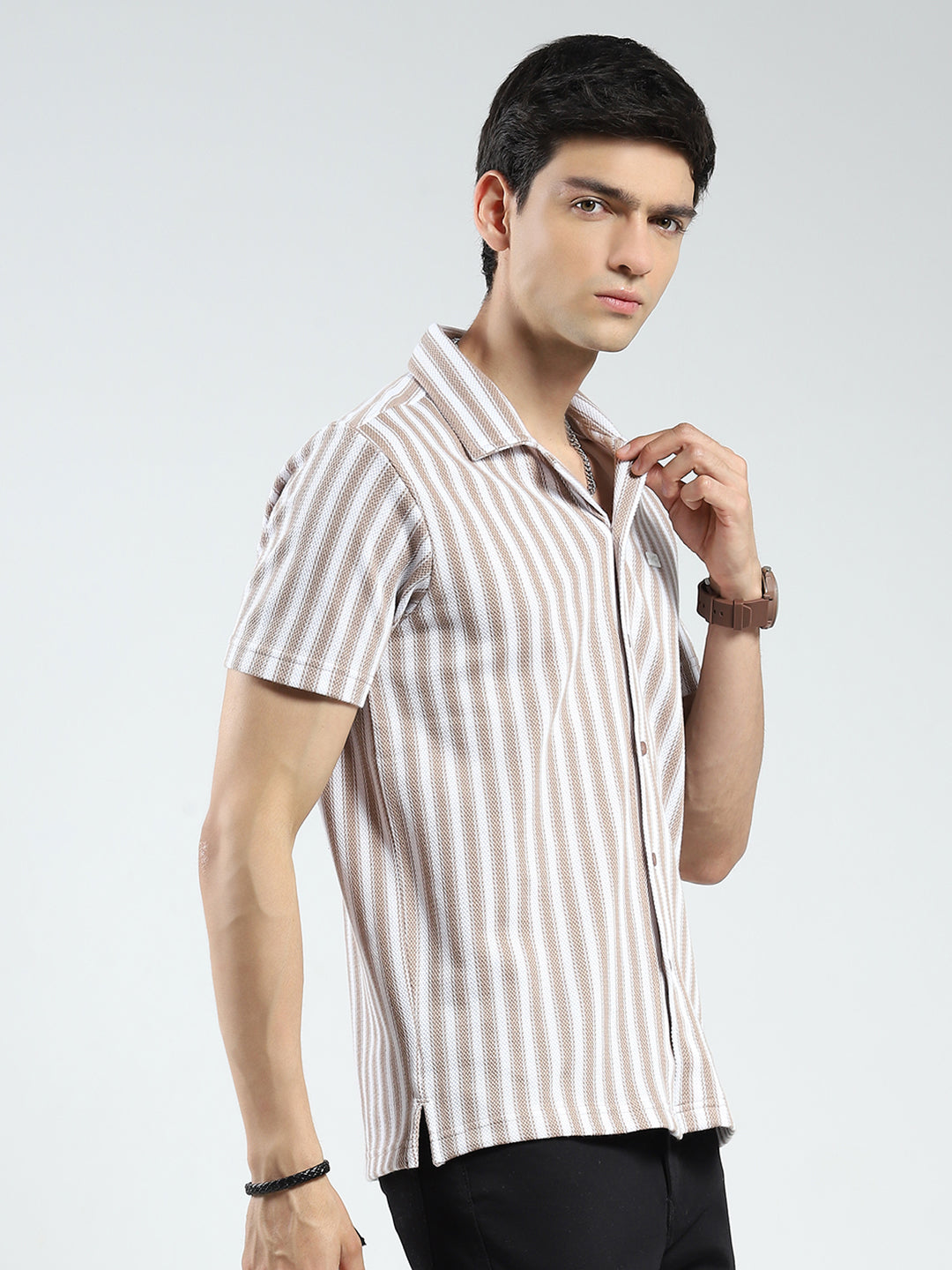 Men Brown Stripe Collar Half Sleeve Shirt
