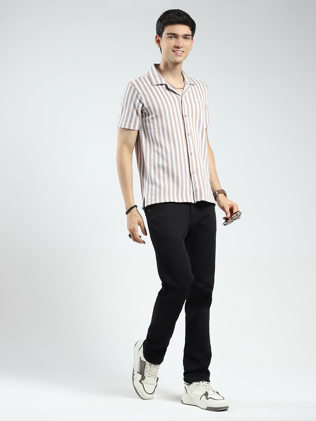 Men Brown Stripe Collar Half Sleeve Shirt